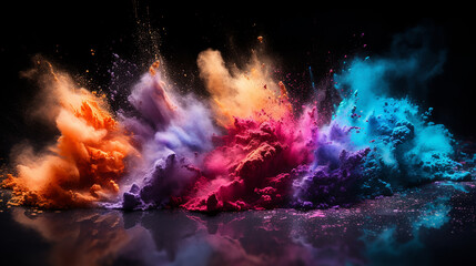 colorful background concept with makeup brushes with colorful powder explosion on black background