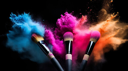 beautiful background. makeup brushes with colorful powder explosion on black background - obrazy, fototapety, plakaty