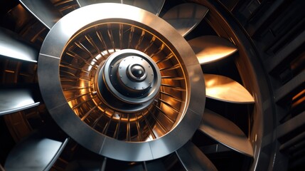 Detailed close-up of a jet engine turbine showcasing metallic blades and aerodynamic design.