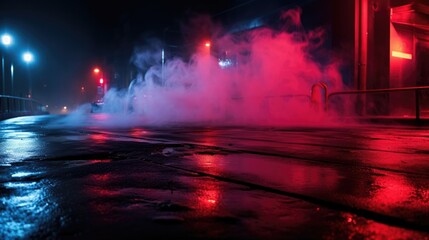 A cinematic city street scene at night illuminated by neon lights and enveloped in mysterious fog