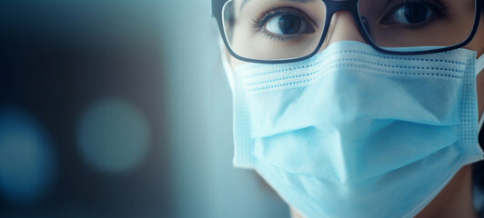 A girl medical trainee wearing glasses and a medical mask, generative AI