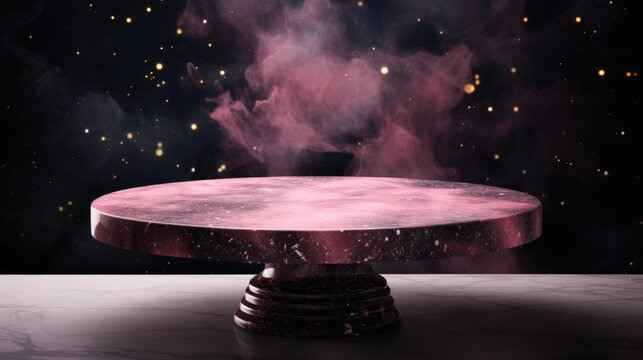 A celestial-themed pedestal showcasing against a dark, starry cosmic backdrop.