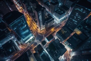 nighttime urban landscape captured from above. Generative AI