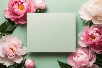 Greeting card mockup and beautiful pink peonies flowers frame on pastel green background with copy space top view flat. Empty blank sheet card mock up for holiday greetings.Day, Mother's day, birthday
