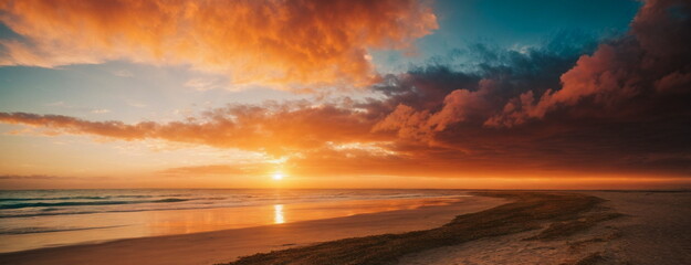 Naklejka na ściany i meble Beautiful sunrise landscape ,seascape, coastal, ocean beach, clouds. Banner. Copy space