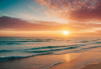 Naklejka na ściany i meble Beautiful sunrise landscape ,seascape, coastal, ocean beach, clouds, calm water. Copy space