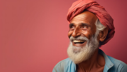 Portrait of an elderly Indian man wearing a pink turban - obrazy, fototapety, plakaty
