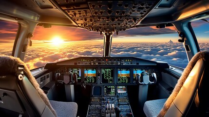 The interior of the cabin of a passenger plane, the seat, the windshield of the pilot during the flight in the sky above the white clouds at sunset. - obrazy, fototapety, plakaty