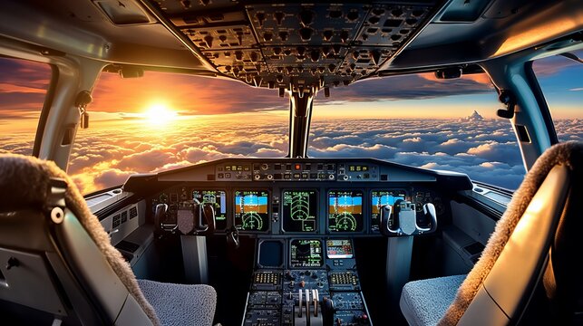The interior of the cabin of a passenger plane, the seat, the windshield of the pilot during the flight in the sky above the white clouds at sunset.