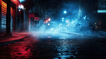 Foto op Aluminium A moody, neon-illuminated city street featuring  atmospheric smoke. © E 