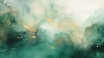 Abstract, fluid art featuring emerald green mist with golden accents.