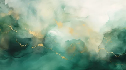 Fototapeten Abstract, fluid art featuring emerald green mist with golden accents. © E 