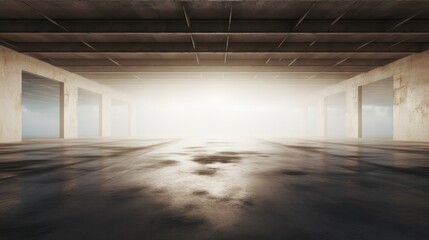 Spacious empty warehouse interior bathed in radiant sunlight from large windows.