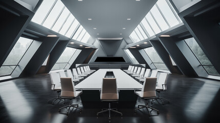 An empty, clean and sophisticated futuristic boardroom