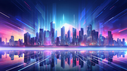 Cyber city skyline with neon lights and futuristic buildings and towers.
