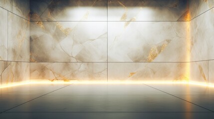 Empty marble stage room with glowing floor and wall lights and luxurious textures.