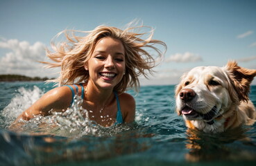 Happy young woman swimming in the sea with her dog. Summer vacation lifestyle.