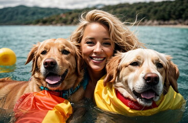 Happy young woman swimming in the sea with her dogs. Summer vacation lifestyle.