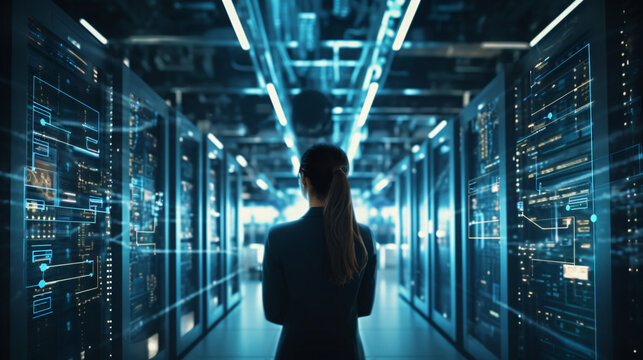 Following Shot of Female IT Engineer Walking Through Data Center