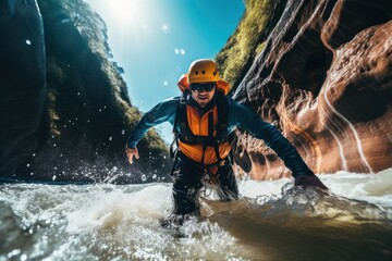 Canyoning extreme sport. canyoning expedition, popular trails, hard impressive spot. Man Exploring a wild untamed river canyon. Energy, freedom and adrenaline - obrazy, fototapety, plakaty