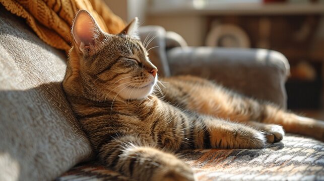 A cat lounging on a sun-drenched couch, photographed from the side, showcasing the relaxed posture and contented expression that epitomize the tranquil nature of a well-rested feline.
