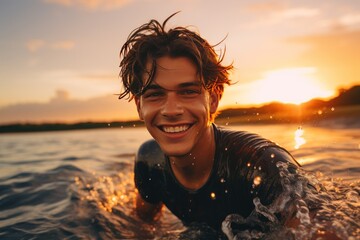 Beach, surfer and young man at sea. Summer holiday vacation, Freedom, ocean and guy man with surfboard feeling excited and happy. Man catching waves in ocean.extreme - obrazy, fototapety, plakaty