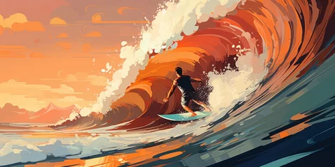 Fotobehang Professional surfer riding waves. man catching waves in ocean Surfing action water board sport. Water sport. Beach swimming activity on summer vacation. extreme sport. surfing at sunset time © masherdraws