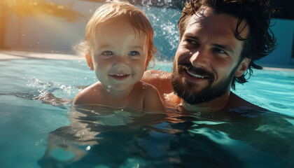 Fototapeta na wymiar Father with son having fun in the pool