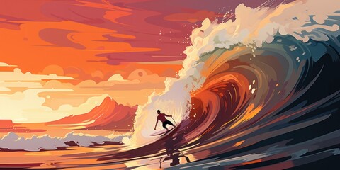 Professional surfer riding waves. man catching waves in ocean Surfing action water board sport. Water sport. Beach swimming activity on summer vacation. extreme sport. surfing at sunset time - obrazy, fototapety, plakaty