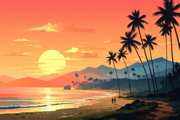 Fototapeta na wymiar Gradient beach sunset landscape with palm trees and mountains. Evening on the beach. Orange sunset. Summer sunset. Paradise sunset