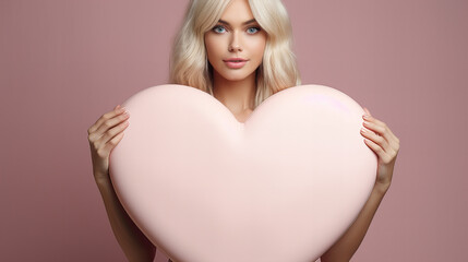 Blonde young woman with blank big pink heart for your congratulation, professional studio shot of a beautiful lady, 8 March, Valentine day, Birthday party, International women day, 14 February, Easter