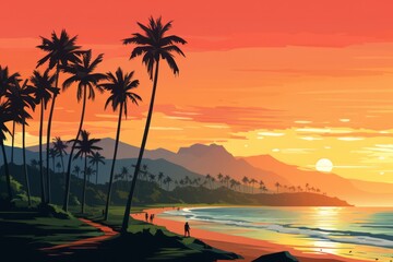 Gradient beach sunset landscape with palm trees and mountains. Evening on the beach. Orange sunset. Summer sunset. Paradise sunset