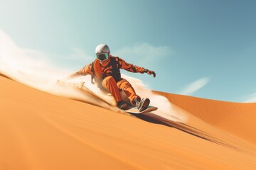 Sand boarding, desert safari. Sandboard. Sandboarding, Guy in dunes with energy, freedom and adrenaline. Orange sand and blue sky - obrazy, fototapety, plakaty