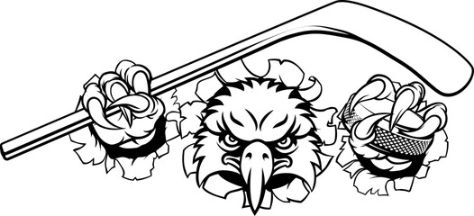 An eagle ice hockey player animal sports mascot holding a hockey stick and puck