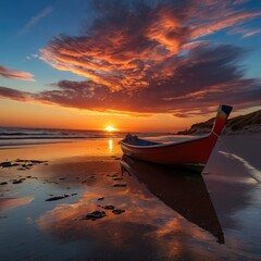 sunset with clouds reflected on the wet sand, A wooden sailboat rests on the sandy shore of a tropical beach as the sun dips below the horizon. The sky is ablaze with color, with streaks of orange,