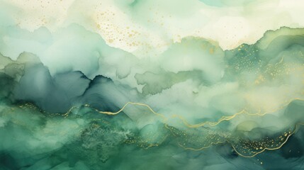 Ethereal landscape of rolling hills in misty green and blue watercolor hues with gold lining details. 