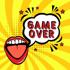 Game Over pop art. Game Over in comic pop art style. Game Over message in sound speech bubble in pop art style. Comic book explosion with text Game Over.