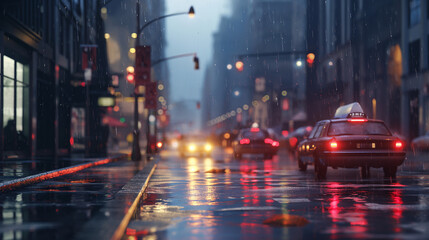 Fototapeta na wymiar Cinematic Cityscape in Rain: Glowing Headlights and Raindrops on Urban Street at Dusk, Moody Atmosphere, Reflections on Wet Asphalt, High-Resolution Photography for Wallpaper and Backgrounds
