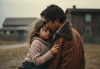 Fototapeta premium Sad little girl hugs her dad and dad reassures her. Divorce of parents, problems in the family scene.