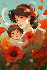 beautiful young woman with child girl in poppy field. happy family having fun in nature. outdoor portrait in poppies. mother with daughter. summer time