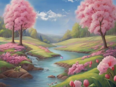 Spring Nature Scene in the garden there are small butterflies flying, frogs rabbits, birds flying, clouds moving.. seamless looping time-lapse animation video background. Generated AI
