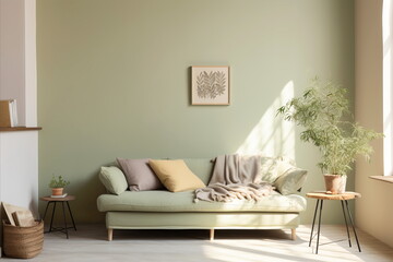 modern living room in pastel green beige colors and sunlight shadow. Scandinavian design.