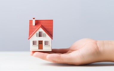 Representing the real estate concept, a hand holds both a model house and a location pin against a white background.