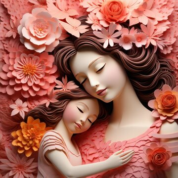 Happy mum cuddles her daughter surrounded by gorgeous paper cut flowers. Happy Mother's Day. Young mother and daughter like a plastic doll. Pink pastel colors