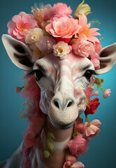 Fashionable giraffe portrait in hat and flowers on blue background . Funny animals art. Poster.
