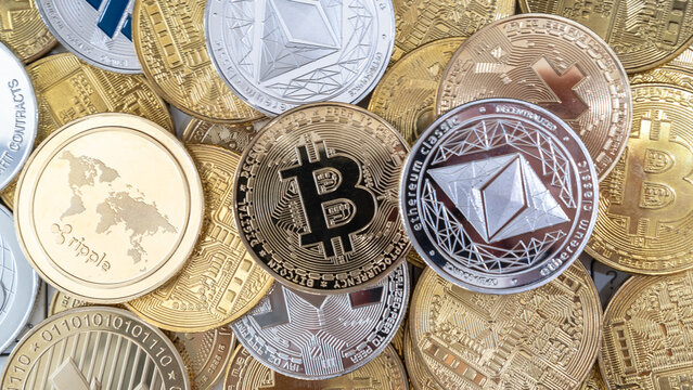 Bangkok, Thailand - 1 July 2021: Crypto currency Bitcoin BTC cryptocurrency blockchain token with altcoin digital asset coin, ETH Ethereumdefi p2p decentralized fintech trading cryptography market
