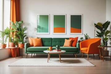 Vintage interior home design of modern living room with chair sofa and round wooden table with green plants with art poster frame