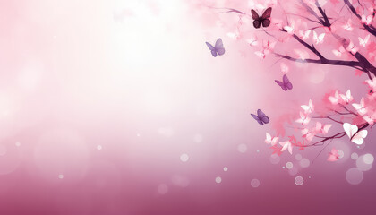 Fototapeta na wymiar Cherry blossoms and butterflies on pink background world cancer day concept