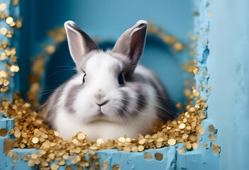 Cute rabbit with floppy ears sitting amidst golden confetti in a blue wooden box, ideal for Easter or pet themes.