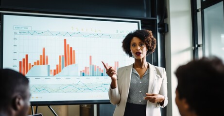 A powerful depiction of a Black female executive leading a fintech meeting in a modern, diverse office.
